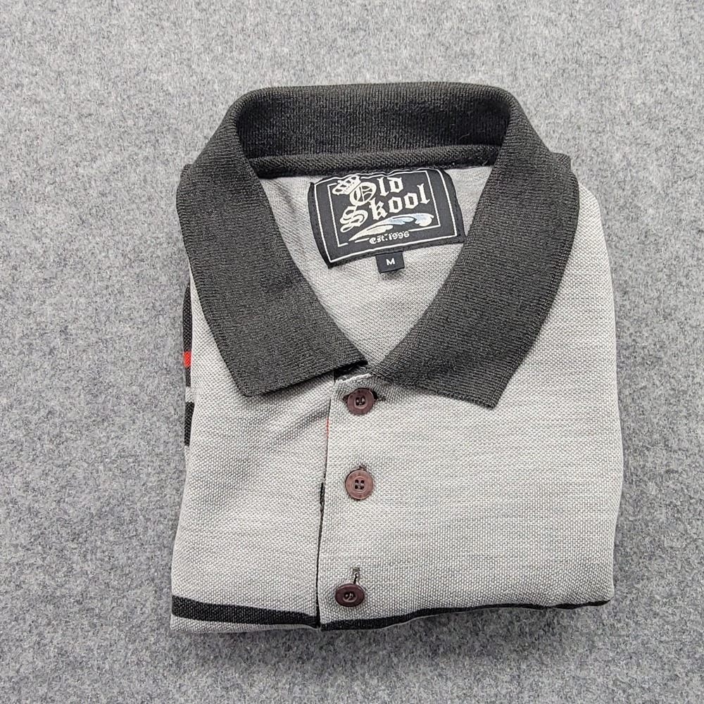 Old Skool Polo Shirt Men's Medium Good Grey Red Vintage Striped Short Sleeve